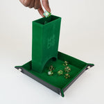 FanRoll green portable dice tower side profile in backpack