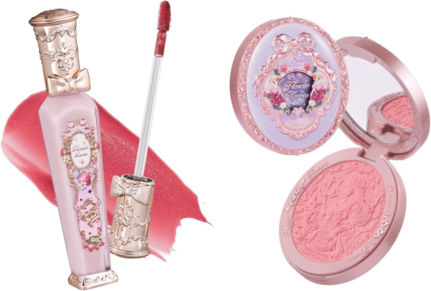 Flower Knows Midsummer Fairytales Blush and Lip Gloss duo set front view showing vintage packaging.