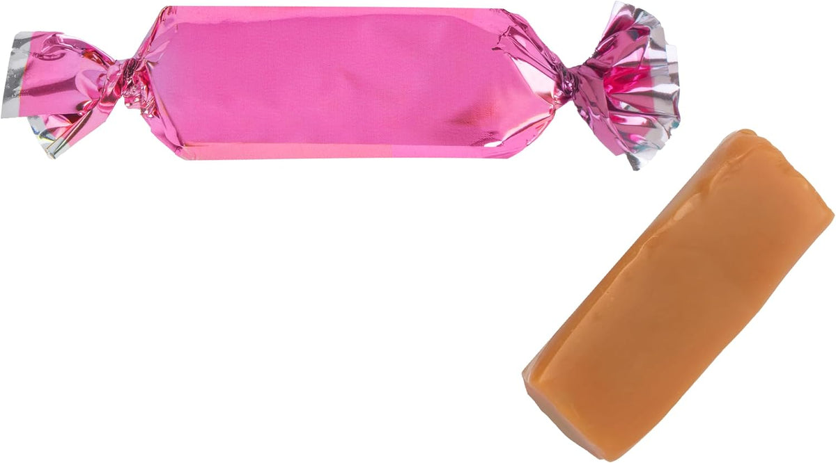 Soft chewy American toffee milk caramels wrapped in shiny pink foil