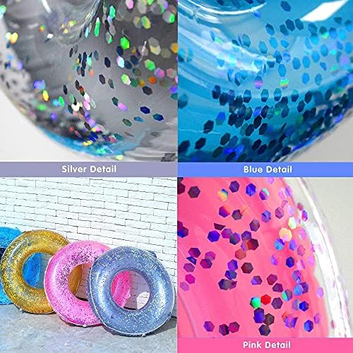 Top down view of three colored glitter swim tubes for kids