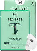 Authentic Rael beauty hydration sheet mask set featuring the clean formulation details and brand logo.