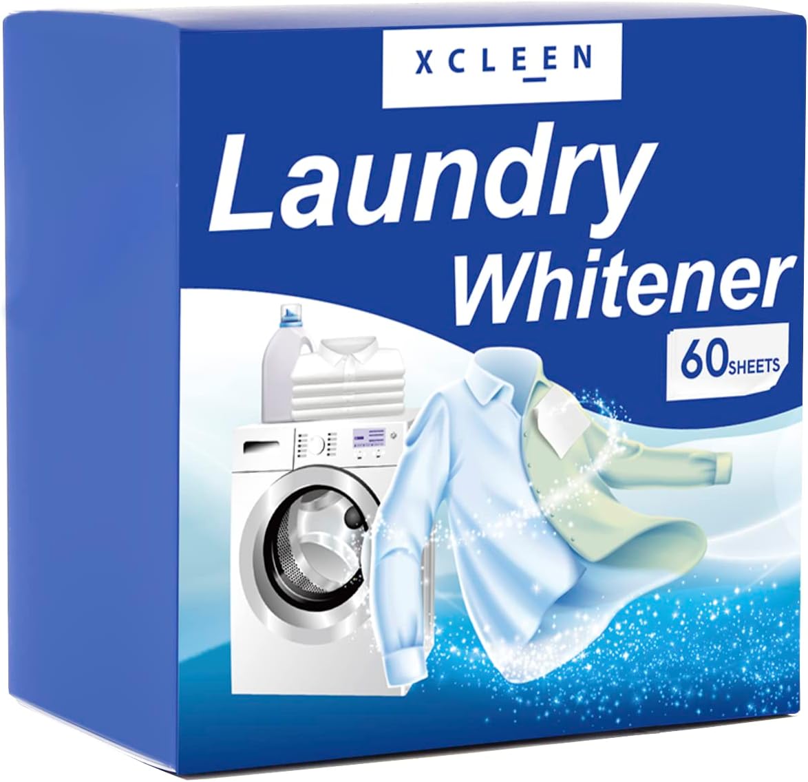 Xcleen Laundry Whitener Sheets 60 count front packaging view showing whitening solution.