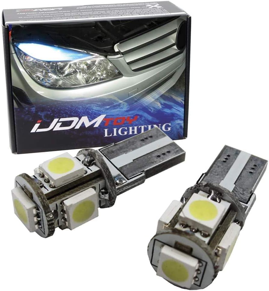 IJDMTOY xenon white LED parking bulbs front view showcasing surface mount diodes and centralized integrated heat sink
