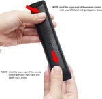 Side profile view displaying slim ergonomic build of soundbar remote control