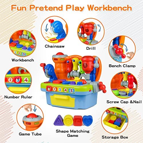 Woby construction workshop toy set close up showing electric drill and chainsaw features