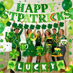 Premium cardstock letter banner spelling out Lucky with vibrant green shamrock accents.