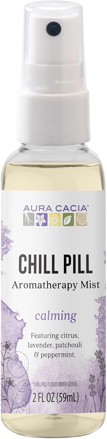 Aura Cacia Aromatherapy Mist, Chill Pill - Lavender, Sweet Orange and Patchouli Blend for Refreshing Rooms, Body Sprays, Meditation | 2 Fl Oz (Pack of 1) - Image 1
