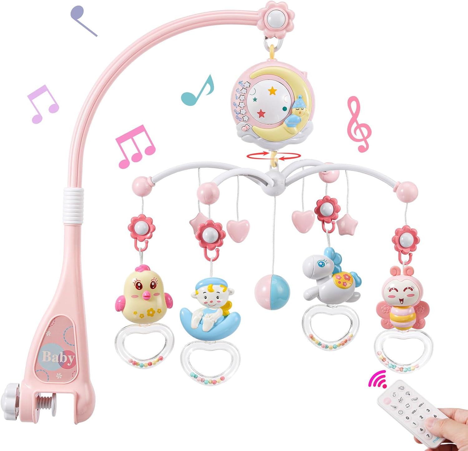 BOBXIN Baby Musical Crib Mobile front view showing the rotating arm and hanging cartoon rattles over a bassinet.