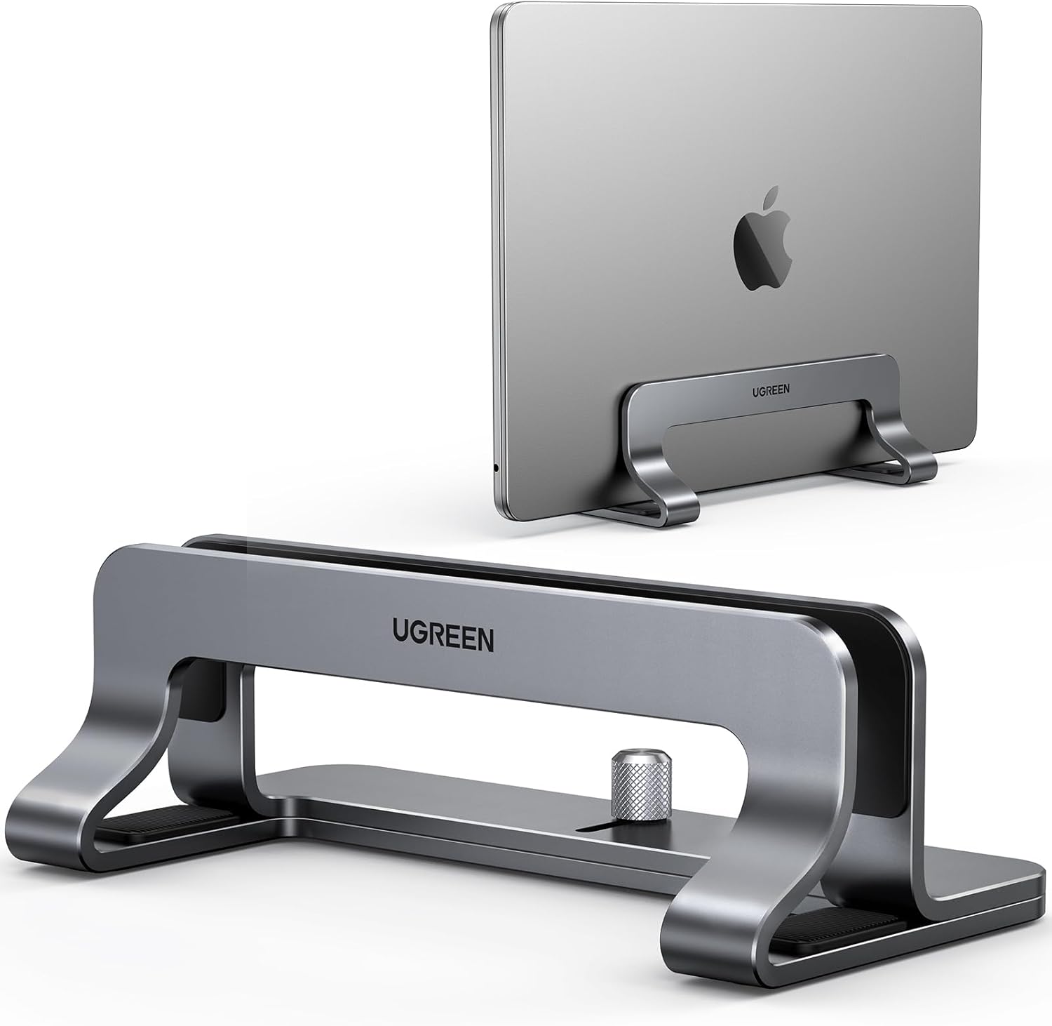 UGreen vertical laptop stand holder front view on a minimalist desk environment setup