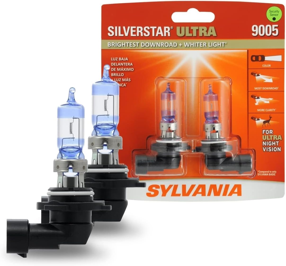 Sylvania 9005 SilverStar Ultra Halogen Headlight Bulb front view packaging showing the two high performance bulbs.