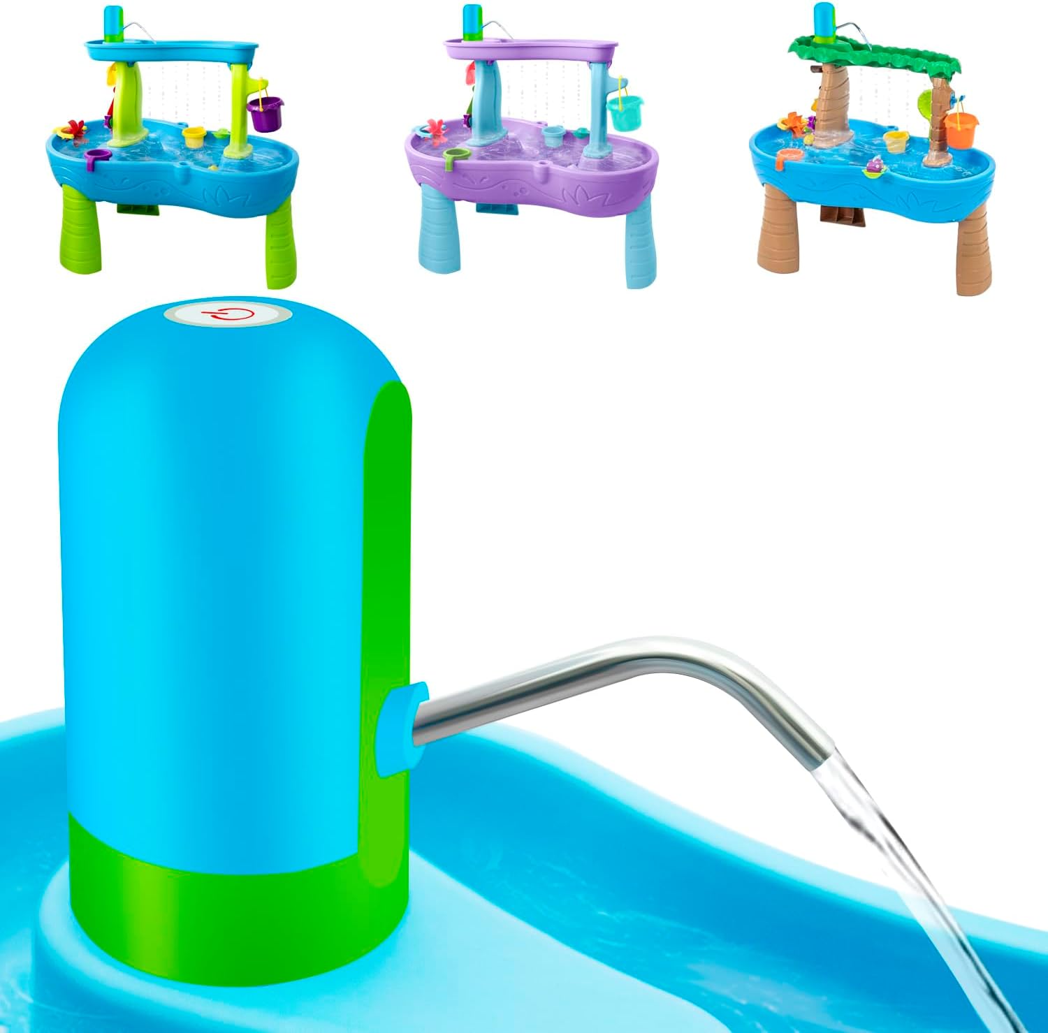 Intoypad Ultimate Water Table Pump front view showing the blue portable electric water pump for kids outdoor play tables