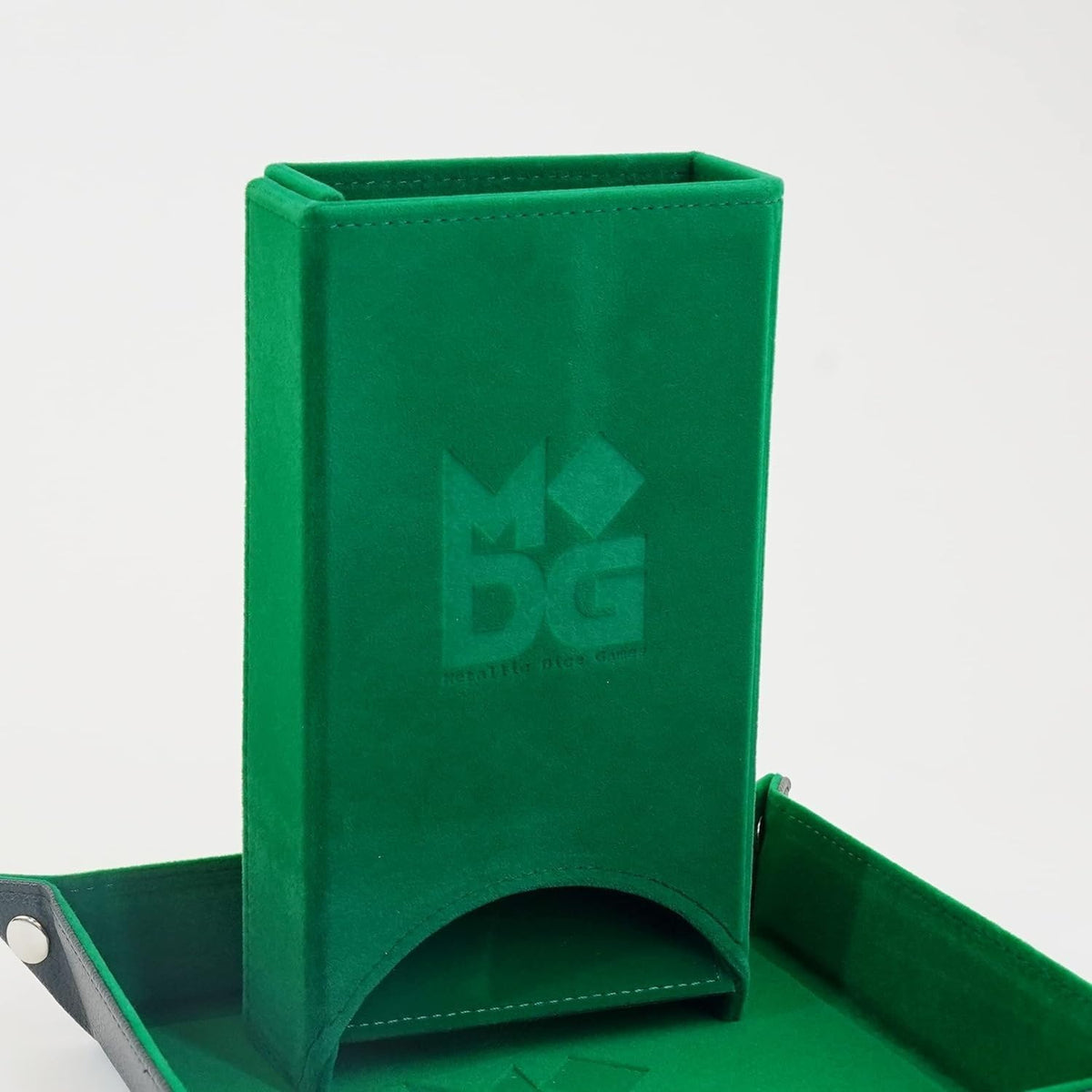 Metallic Dice Games green dice tower showing interior velvet texture