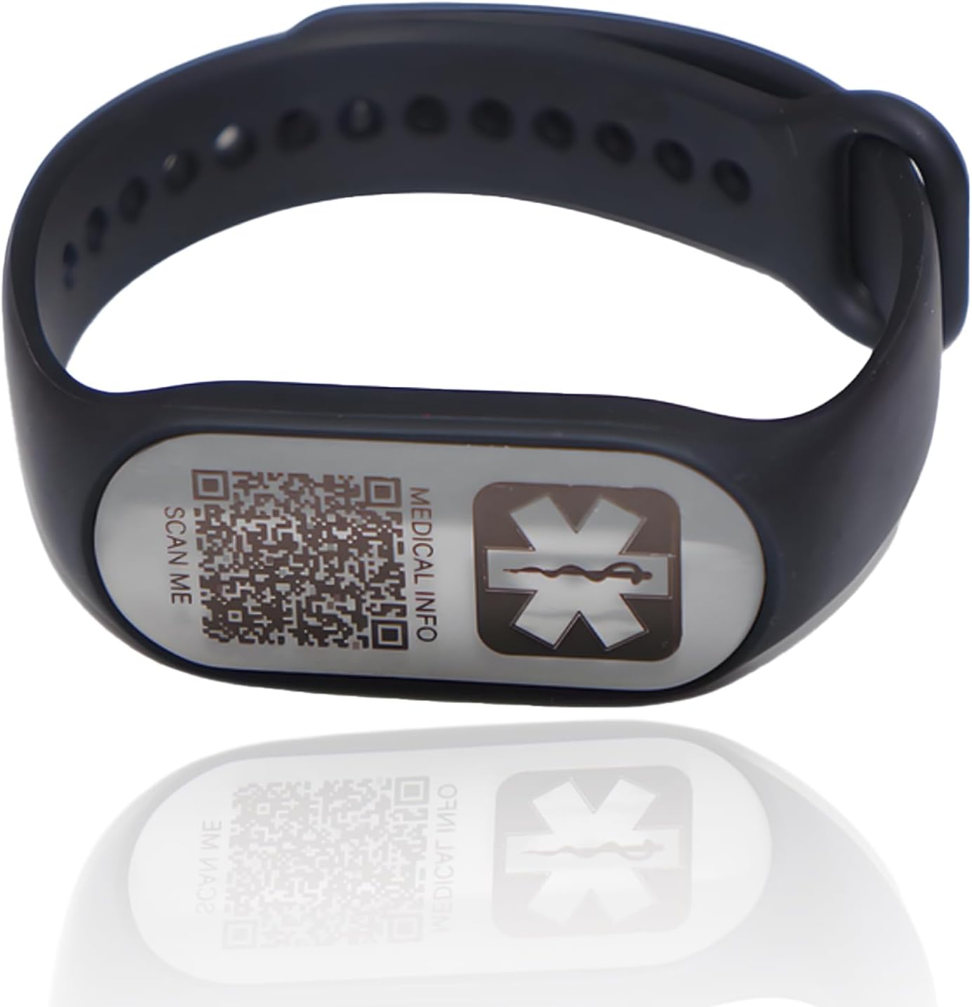 Petsmya medical alert bracelet front view showing scannable emergency QR code on adjustable band.