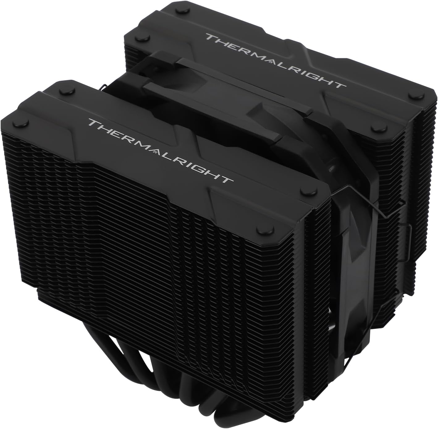 Thermalright Peerless Assassin 120 Mini Black CPU Cooler front view showcasing the sleek dual tower design and signature black fins.