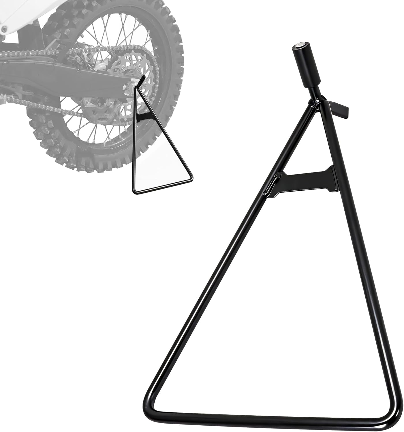 JFG RACING universal motorcycle triangle stand front view in black steel finish