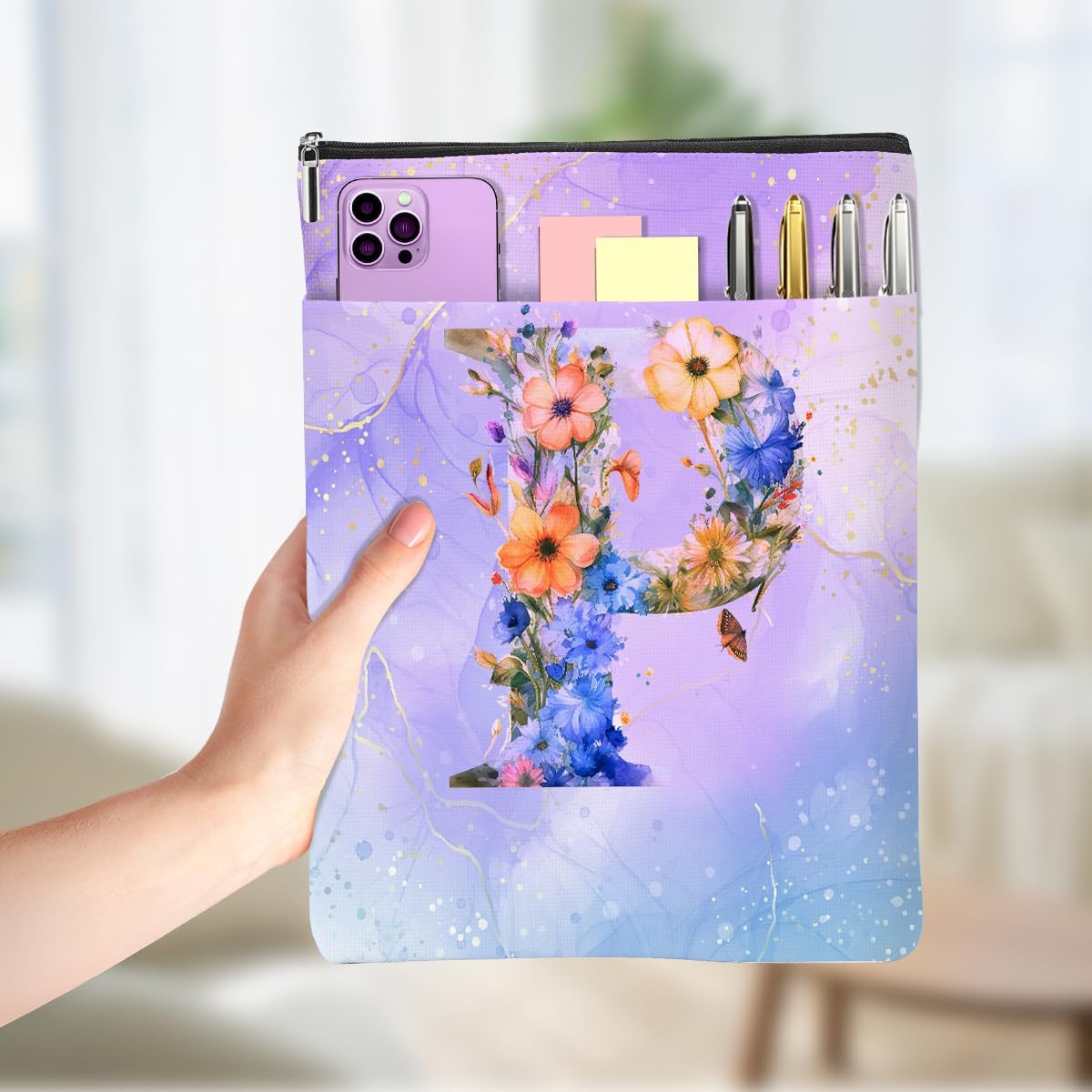 Funnybookgpt Aesthetic Flower Initial P Monogrammed Book Sleeve front view
