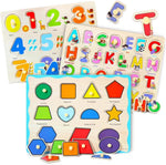 CooVs GRINNNIE Wooden Montessori Toddler Puzzles front view showcasing the alphabet, number, and shape boards in a gift box.