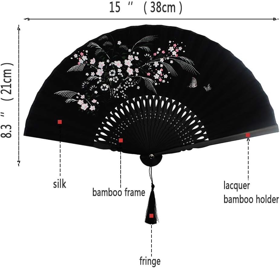 Wobe Black Linen Fabric Folding Hand Fan Grassflowers Bamboo for Summer - Image 2