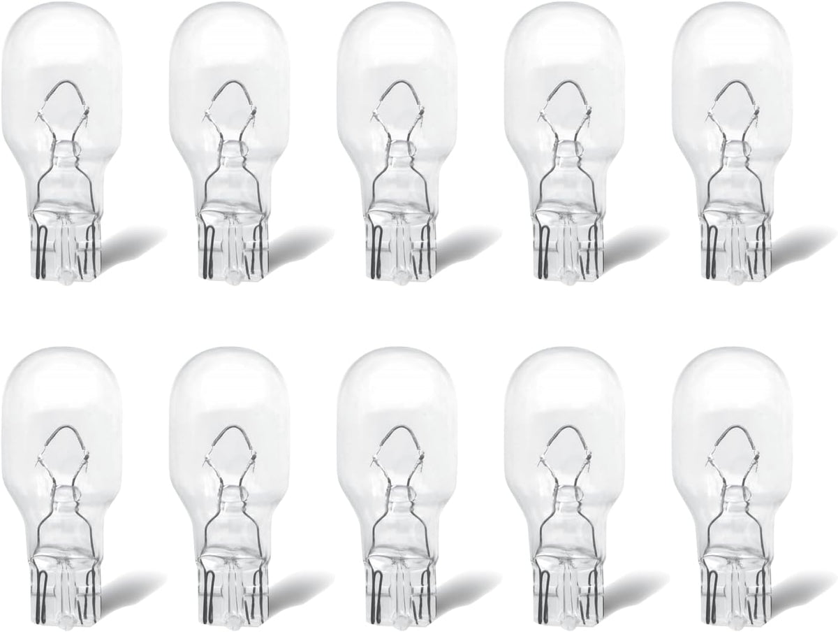 Rafeal Auto 921 T5 incandescent bulb ten pack front view showing clear miniature glass automotive bulbs.