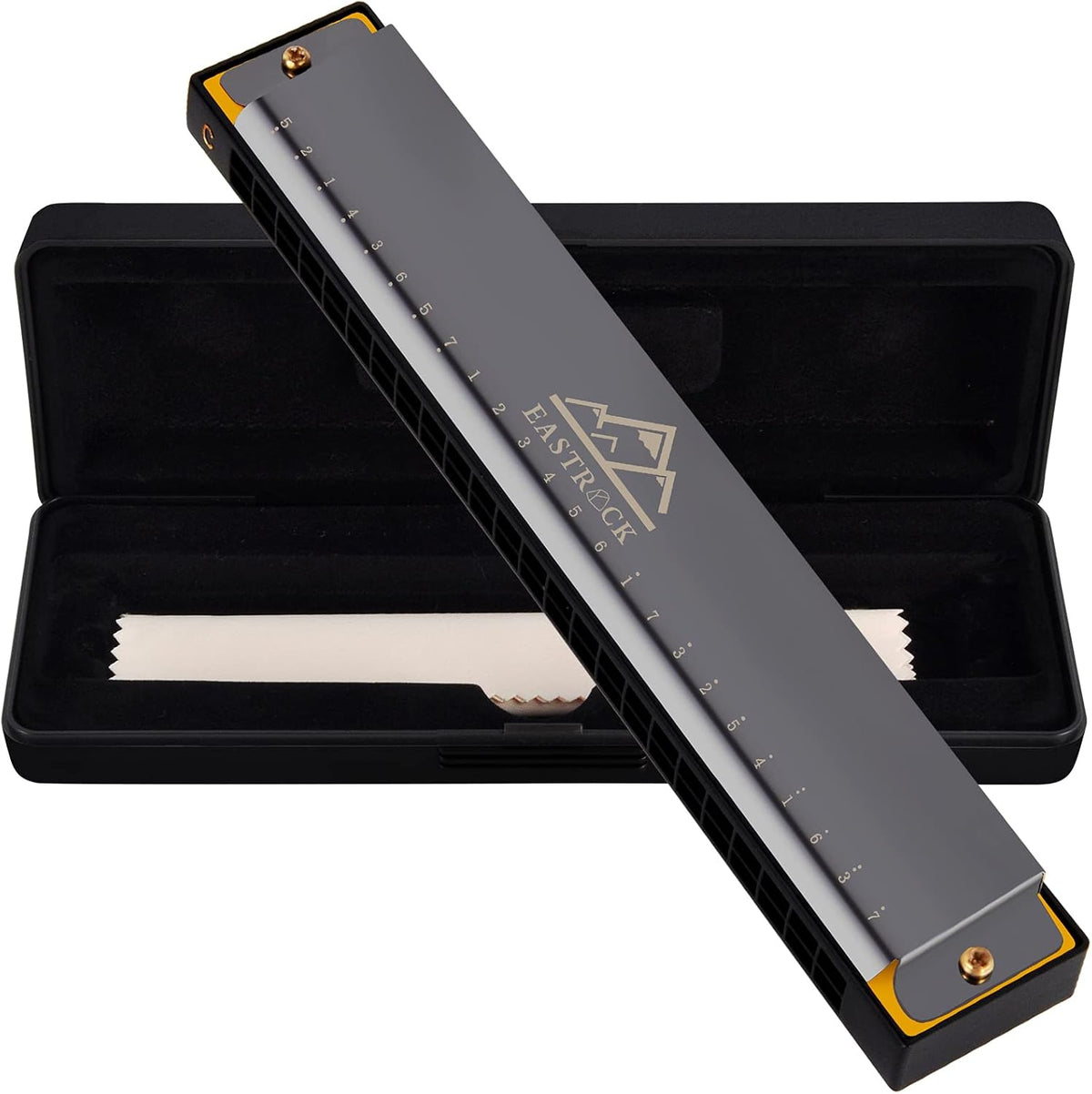 EastRock 24-hole blues harmonica front view showcasing stainless steel cover plate.