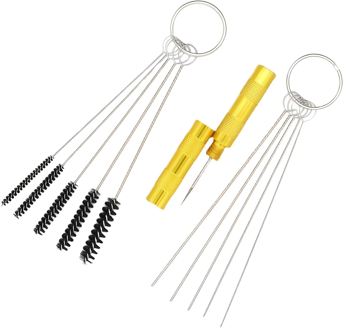 EKUWU Carburetor Cleaning Kit front view showing eleven pieces of stainless steel needles and nylon brushes for spray gun maintenance.
