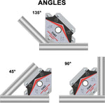 Three piece magnetic welding clamp set on workbench