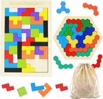 Kiouposy wooden russian blocks puzzle front view showing forty colorful geometric pieces inside the frame.
