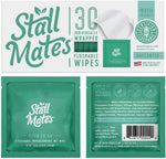 Stall Mates Flushable Wipes front view of retail packaging containing thirty travel singles