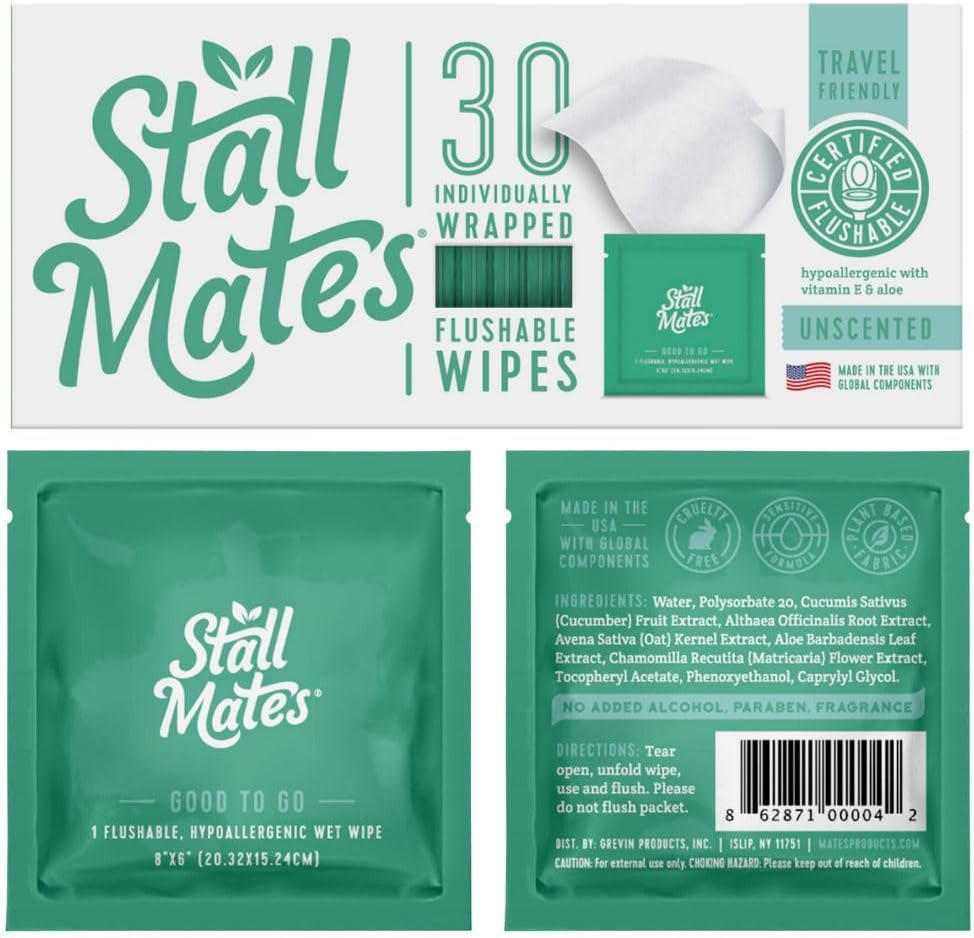 Stall Mates Flushable Wipes front view of retail packaging containing thirty travel singles