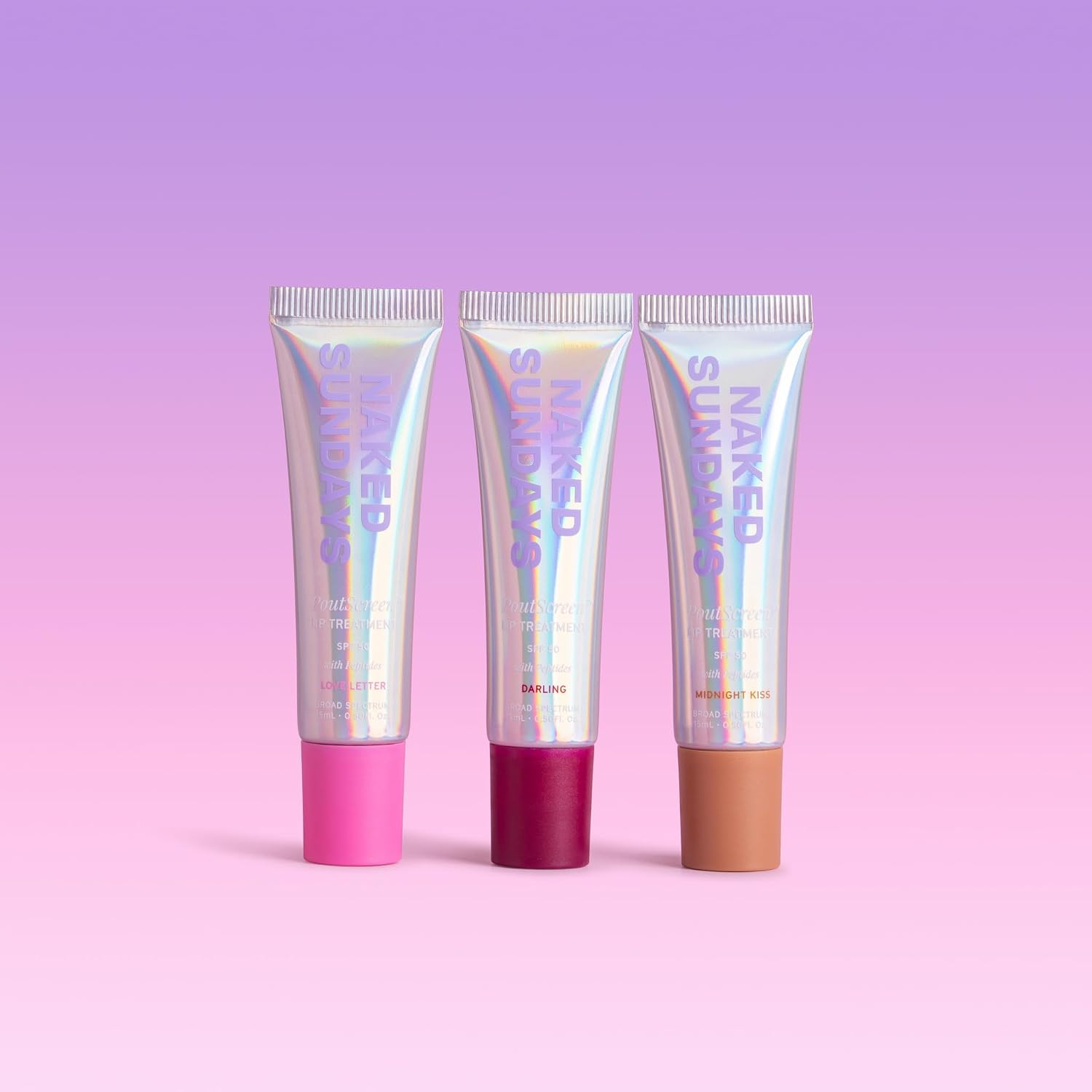 Naked Sundays Poutscreen SPF 50 Lip Treatment Trio front view showing three shades.