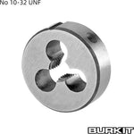 Burkit Number 10-32 UNF Round Threading Die side profile showing chip removal holes