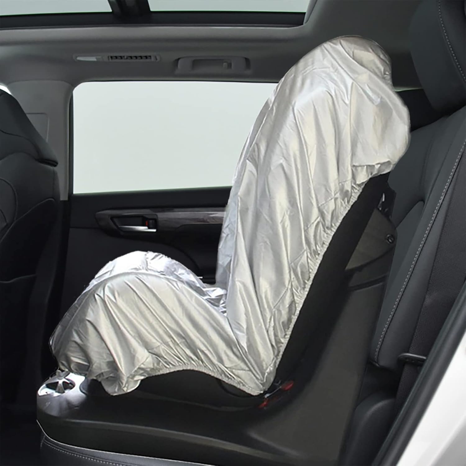 MHWGY Car Seat Sun Shade Cover front view showcasing the highly reflective silver surface on a baby safety seat.