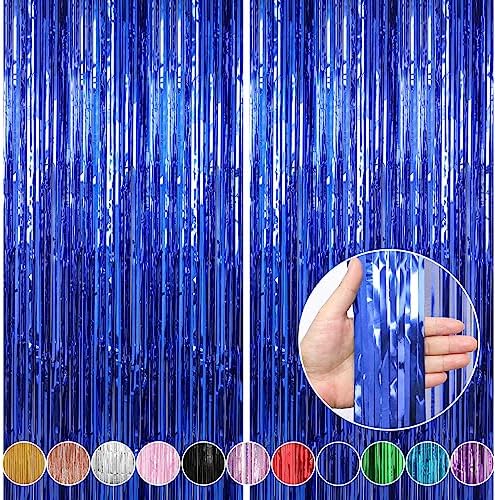 Crosize blue tinsel metallic backdrop streamers set up as a sparkling photo booth background
