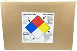 Square adhesive hazard labels roll showing color-coded sections