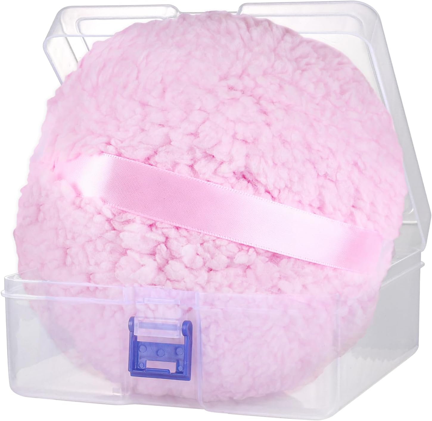 W M G WEMEGA oversized body powder puff front view featuring pink plush material and satin ribbon handle