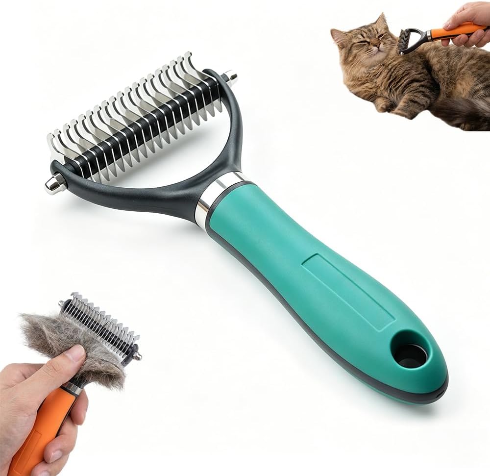 Dhgate dual-sided pet grooming comb front view showing stainless steel teeth.