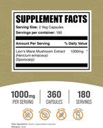 BulkSupplements Lions Mane 360 vegan capsules side label detailing ingredient facts
