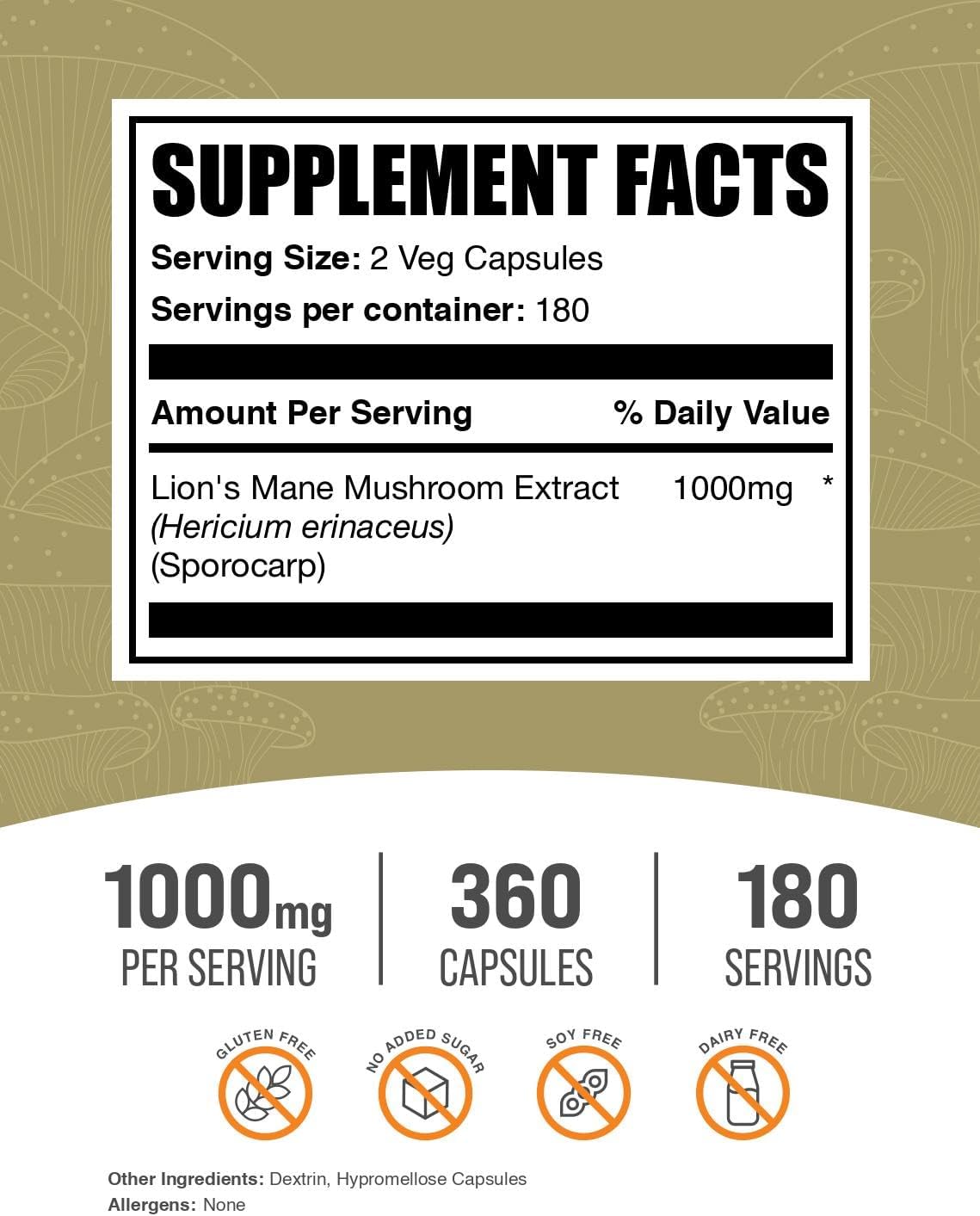 BulkSupplements Lions Mane 360 vegan capsules side label detailing ingredient facts