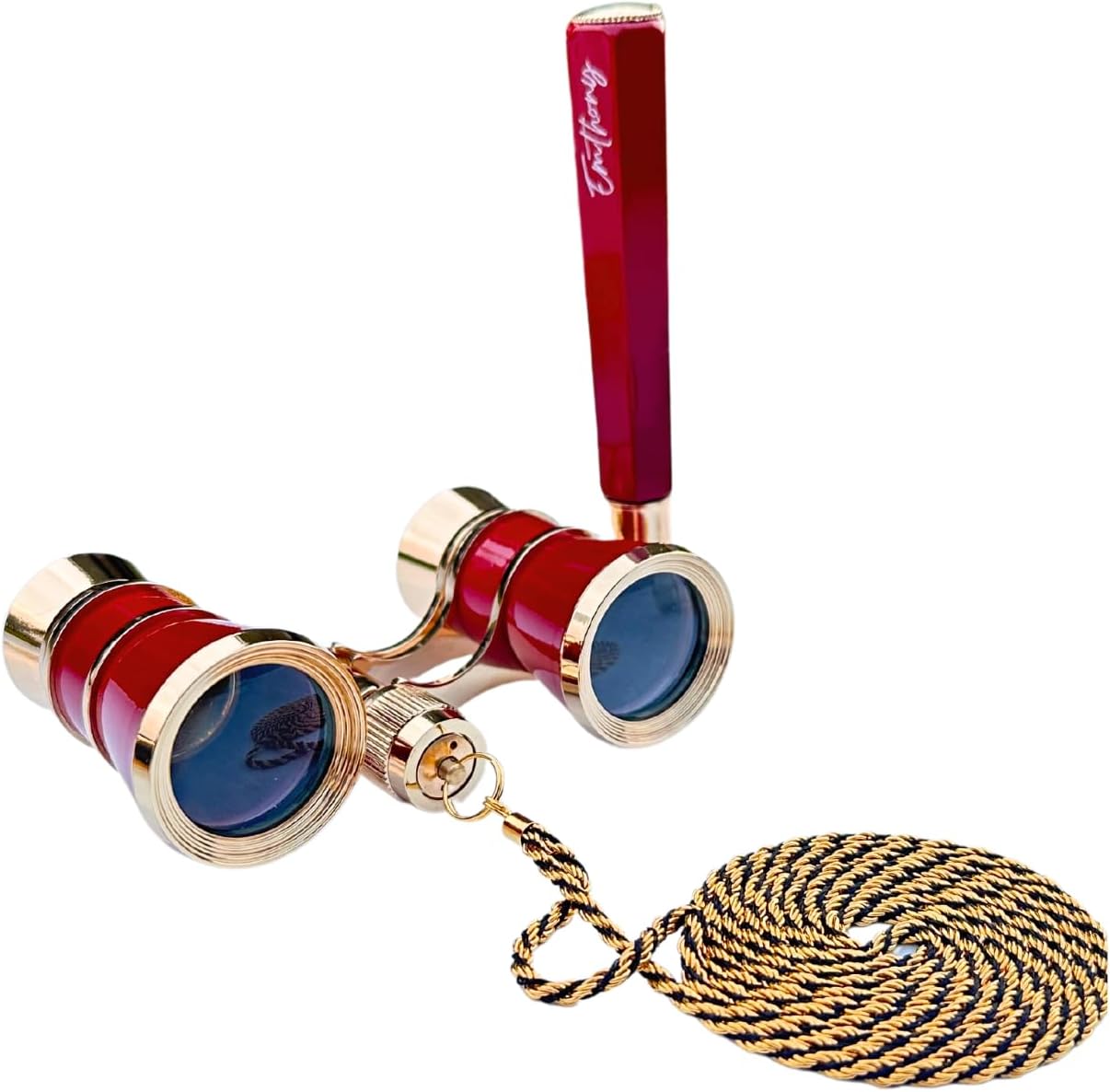 Emthony vintage red opera glasses front view showing gold trim and lenses