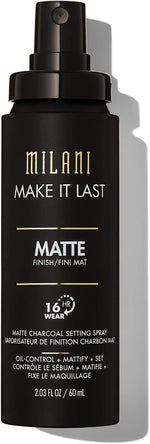 Milani makeup mist bottle being sprayed for an ultra fine translucent application.