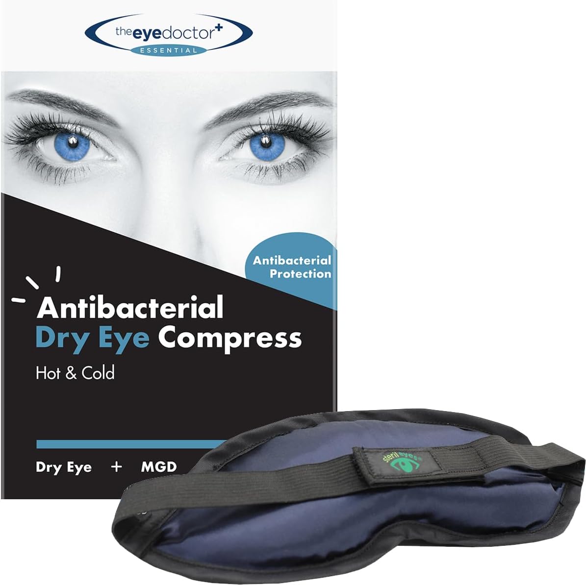 The Eye Doctor Essential blue antibacterial eye compress front view for dry eye relief.