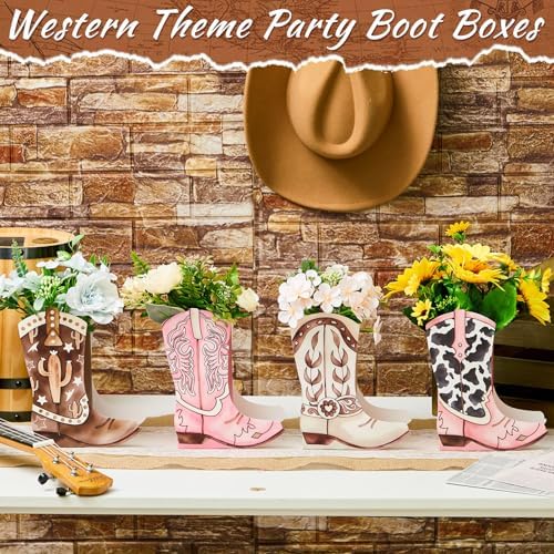 Assembled western boot gift box holding party favors on a table