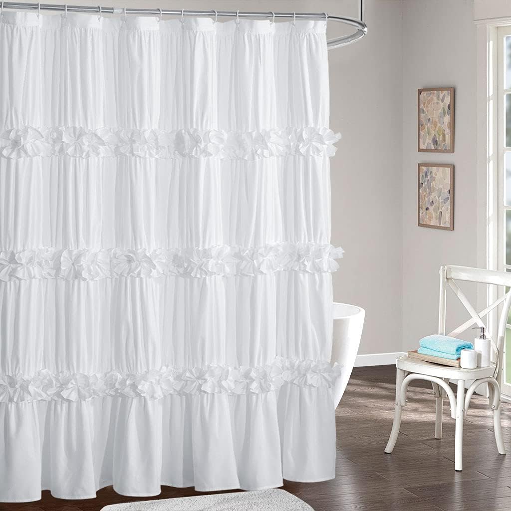 Homechoice Decor Victorian ruffle shower curtain front view in a white bathroom setup.