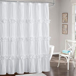 Homechoice Decor Victorian ruffle shower curtain front view in a white bathroom setup.