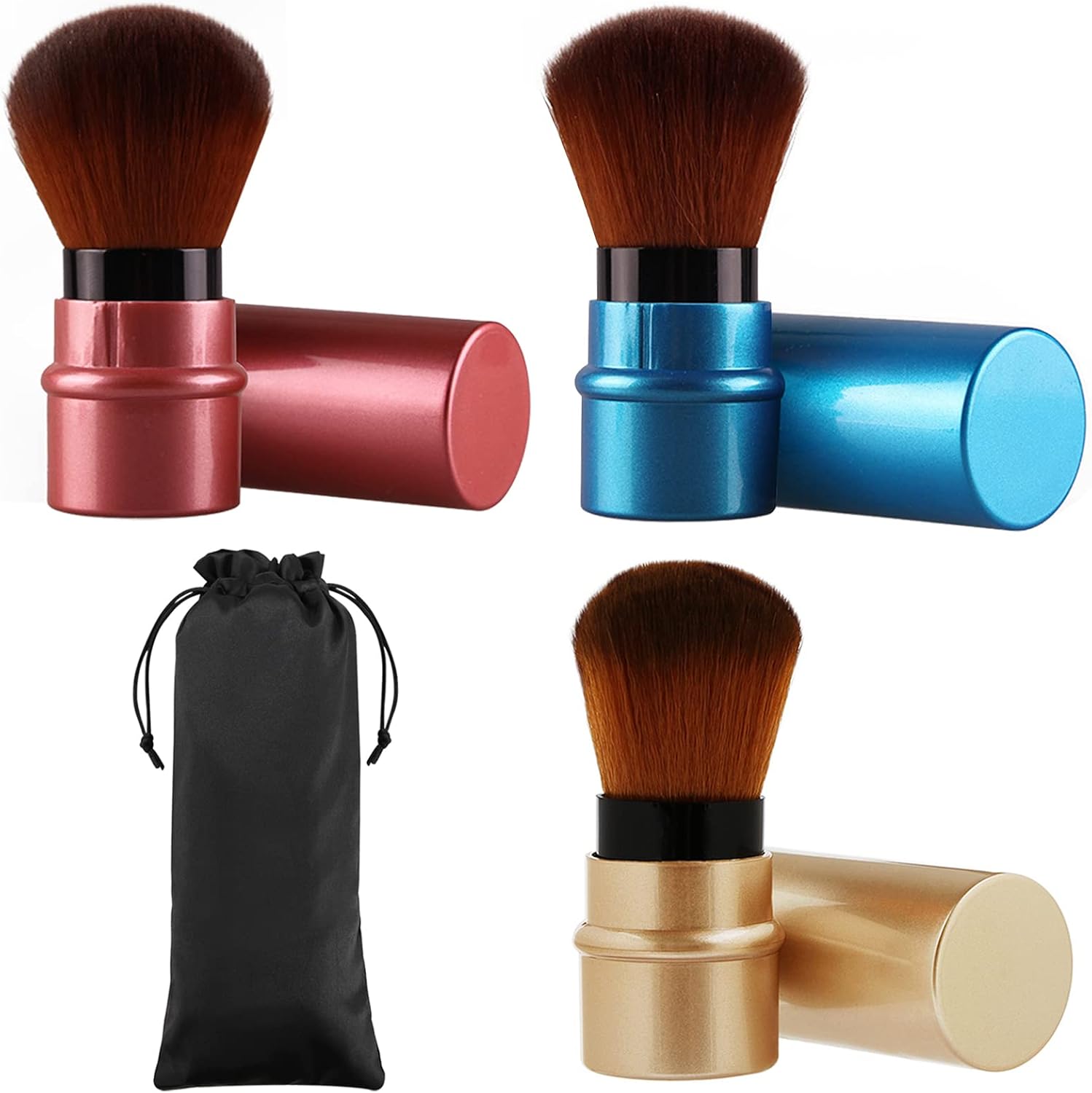 Vtrem Retractable Kabuki Brushes three-piece travel set in brown red and blue front view