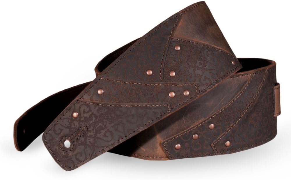 Anthology Gear Overland full grain leather guitar strap front view whiskey brown