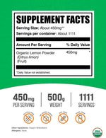 BulkSupplements Organic Lemon Powder supplement facts and ingredient label close up