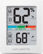 AcuRite indoor digital thermometer and humidity monitor front view showing LCD screen and comfort scale