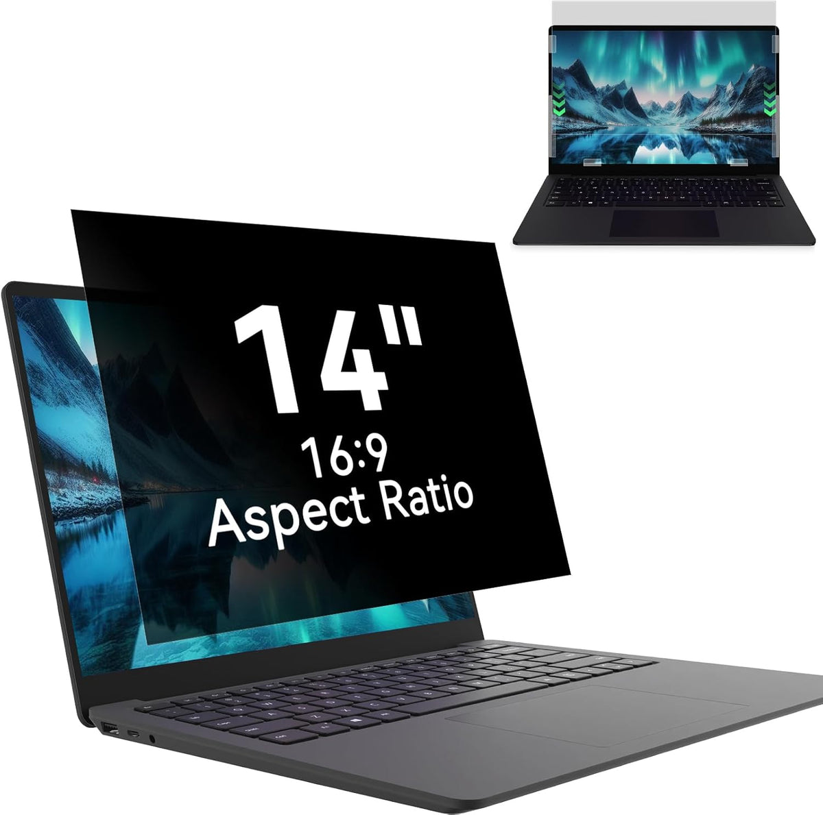 Mao Yeye laptop privacy screen filter 14 inch front view on an open laptop showing data blacked out from the side angle