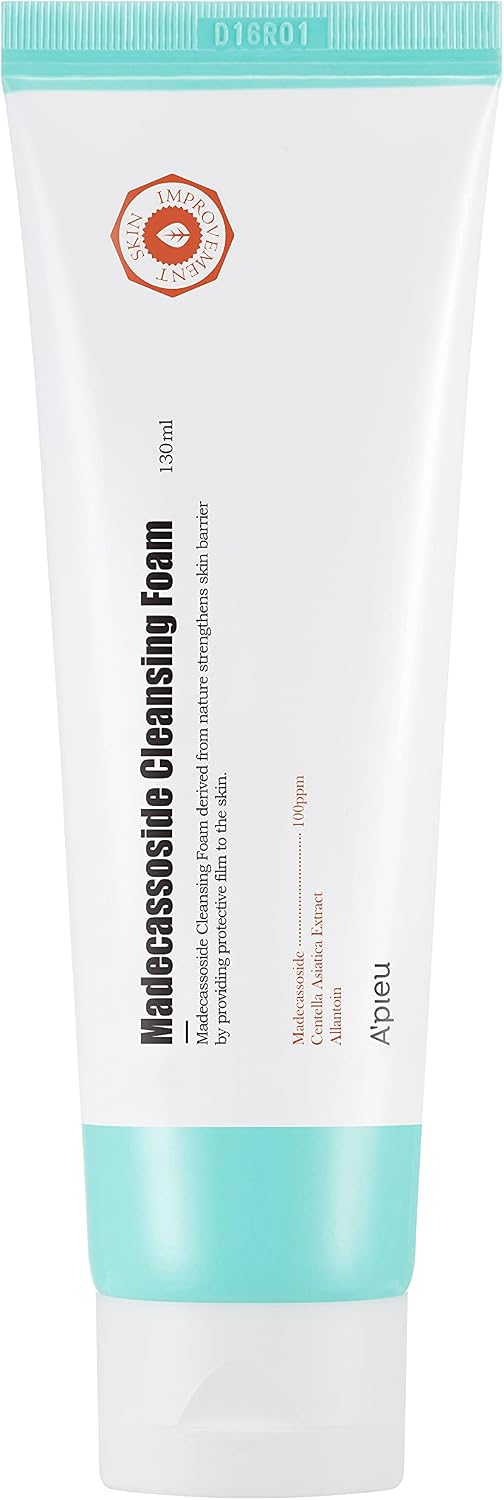 A'PIEU Madecassoside Cleansing Foam 130ml front view of gentle face wash tube